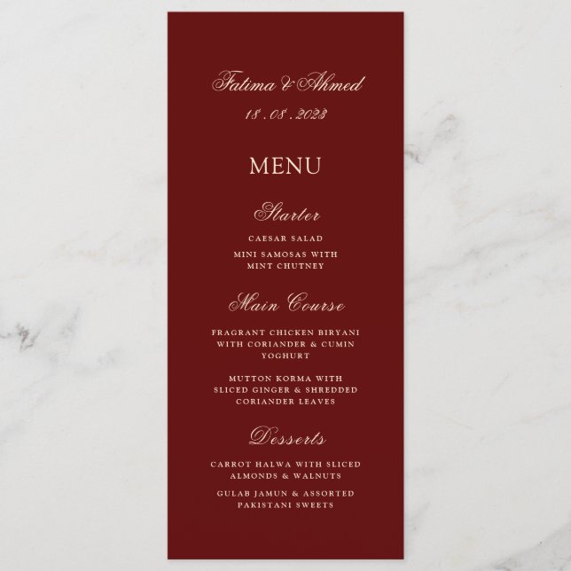 Minimal Modern Burgundy Guld muslimsk Bröllop Bord Meny (Framsida)