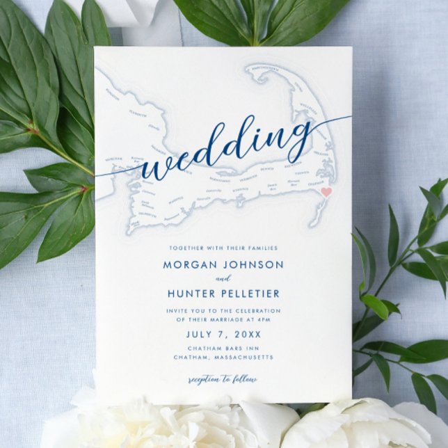 Minimal Modern Chatham Pub i Bröllop Inbjudningar (Chatham Bars Inn Wedding Invitations in minimal modern navy blue from Coastal Map Designs)