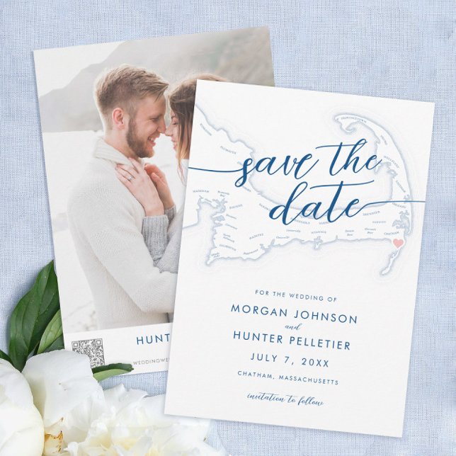 Minimal Modern Chatham Pub i Karta Spara Datumet (Chatham Bars Inn Wedding Save the Dates in minimal modern navy blue from Coastal Map Designs)
