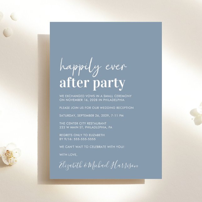 Minimal Modern Dusty Blue Wedding Reception Inbjudningar (An chic Happily Ever After Party invitation for your wedding celebration)