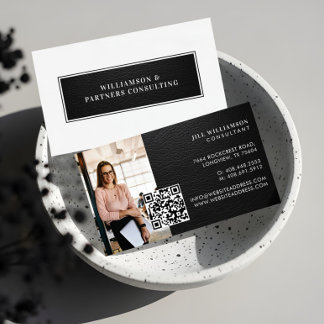 Minimal Modern Elegant Black Leather Photo QR Code Visitkort
