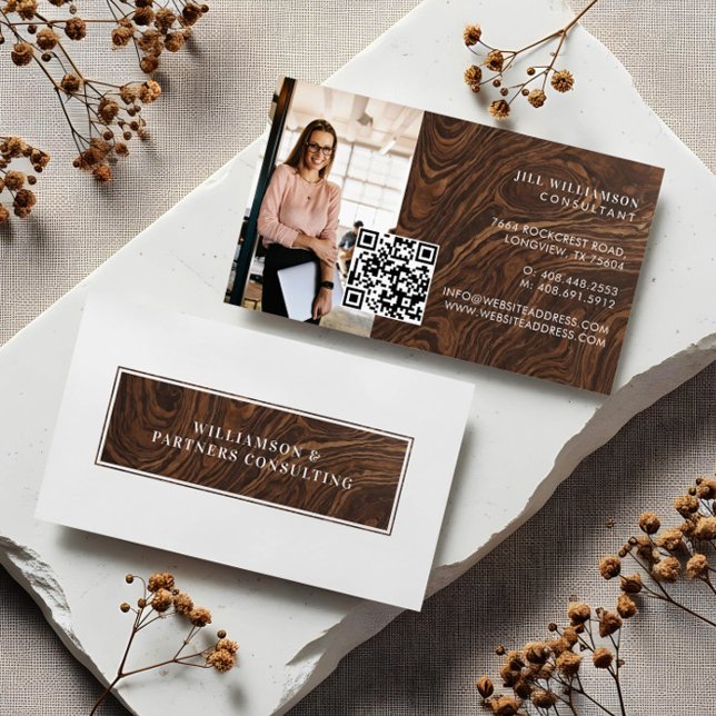 Minimal Modern Elegant Woodgrain Photo QR Code Visitkort (Minimal Modern Elegant Woodgrain Photo QR Code Business Card)