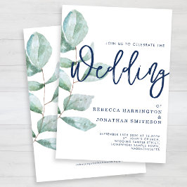 Minimal Modern Eucalyptus Grönt Navy Blue Bröllop Inbjudningar