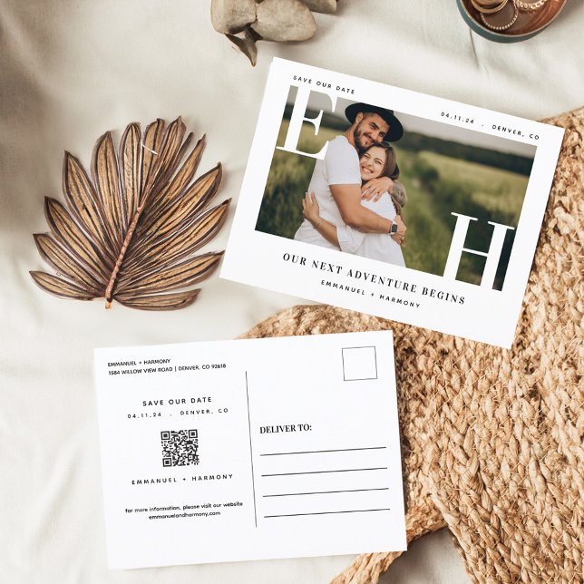 Minimal modern fet Monogram-foto med Bröllop Vykort (Minimal Modern Bold Wedding Couple Monogram Photo Postcard)