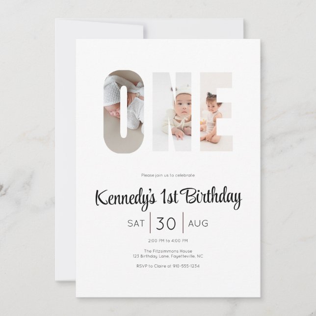 Minimal Modern First Birthday Photo Party  Inbjudningar (Framsida)