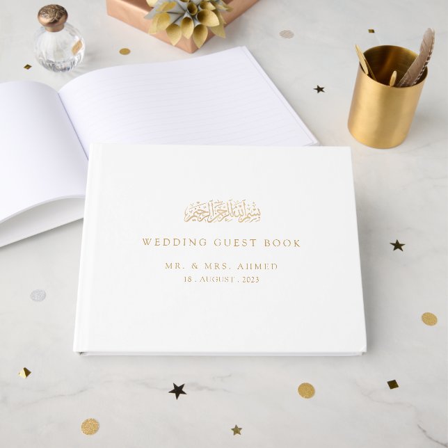 Minimal Modern Formell Guld Skrift Muslimsk Bröllo Gästböcker (Framsida Öppen)
