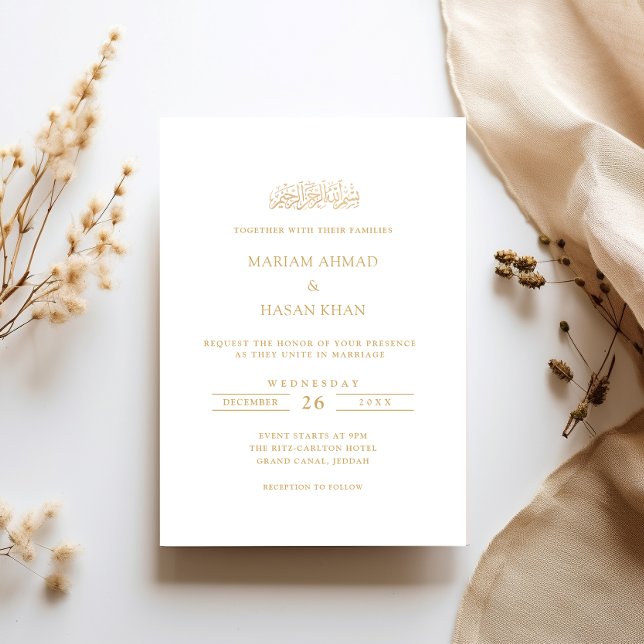 Minimal Modern Formell Guld Skrift Muslimsk Bröllo Inbjudningar (Skapare uppladdad)