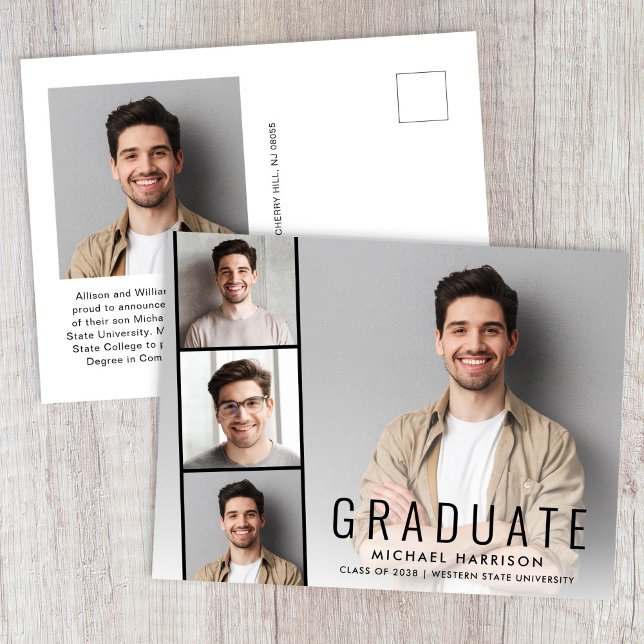 Minimal modern fotostripp Studenten Meddelande Vykort (Cherish the milestone: share your graduate's achievement with a custom photo graduation announcement)