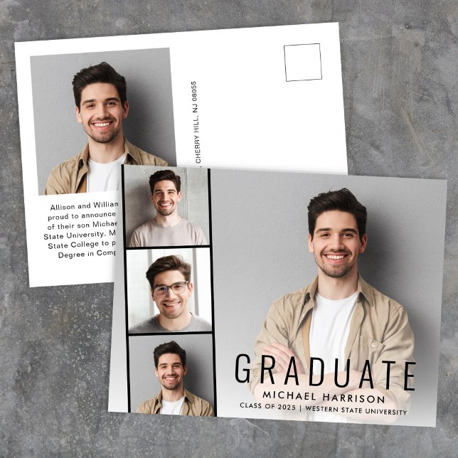 Minimal modern fotostripp Studenten Meddelande Vykort (Cherish the milestone: share your graduate's achievement with a custom photo graduation announcement)