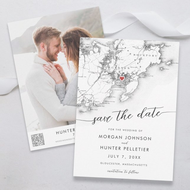 Minimal Modern Gloucester Massachusetts Karta Spara Datumet (Gloucester MA minimal modern wedding save the date in black and white from Coastal Map Designs )