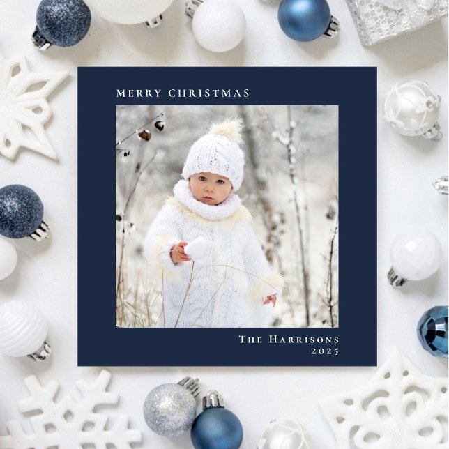 Minimal Modern God Jul Foto Blå Julkort (Share the love and warmth of the season with your personalized photo Christmas card)