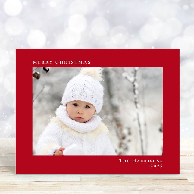 Minimal Modern God Jul Foto Röd Julkort (Share the love and warmth of the season with your personalized photo Christmas card)