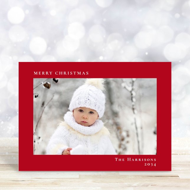 Minimal Modern God Jul Foto Röd Julkort (Share the love and warmth of the season with your personalized photo Christmas card)