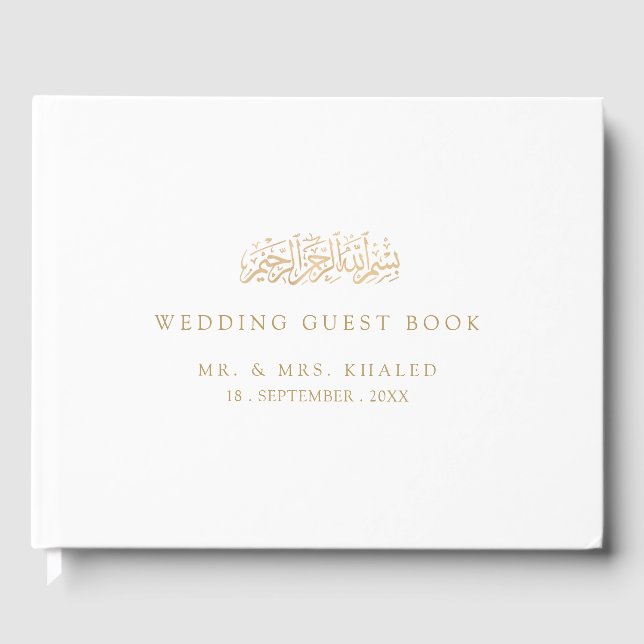 Minimal Modern Guld Arabisk Skrift Muslimsk Bröllo Gästböcker (Framsida)