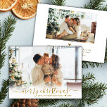 Minimal Modern Guld Script 2 Photo God jul Julkort<br><div class="desc">Minimalistisk Elegant Modern Guld Script 2 Photo God jul Script Helgdag Card. Den här snygga, minimalistiska, enkla, visuella, två (2) fotokortsmallen Julhälsningar texten "God jul" hälsning i en handskriven nyck, snabb bytesfärgning av typsnittet calligraphy script guld färg-fotoövertäckning med svan. På baksidan med din hälsning-meddelandemall med lite hjärtdood och en fotomall....</div>