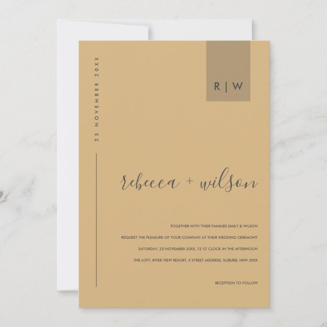 MINIMAL MODERN GULT OCHRE TYPOGRAFI BRÖLLOP INBJUDNINGAR (Framsida)