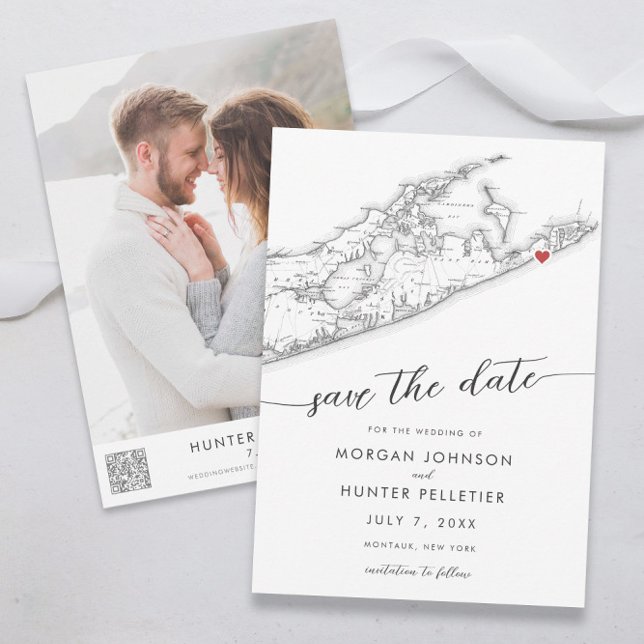 Minimal Modern Gurneys montauk Resort Bröllop Spara Datumet (Gurneys Montauk Wedding Save the Date in minimal modern black and white  by Coastal Map designs)