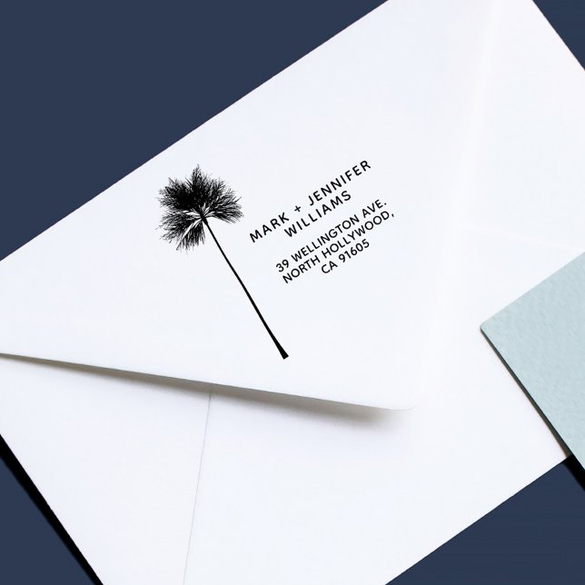 Minimal Modern Handflatan Träd 2 Namn Returadress Självfärgande Stämpel (Modern tropical palm tree married couple return address stamp)