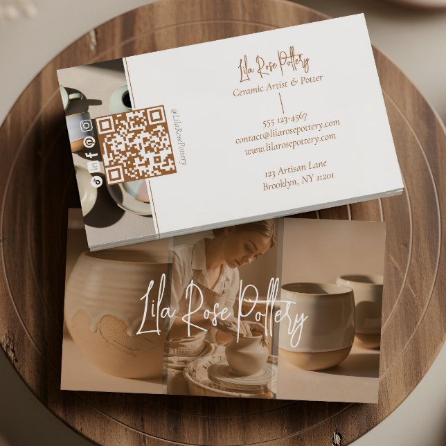 Minimal Modern Handgjord Krukmakar Foto Collage Visitkort (Minimal Modern hand Made Pottery Photo Collage Business Card)