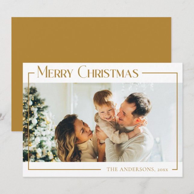 Minimal Modern jul-familjens fotomustard Guld Julkort (Fram/baksida)