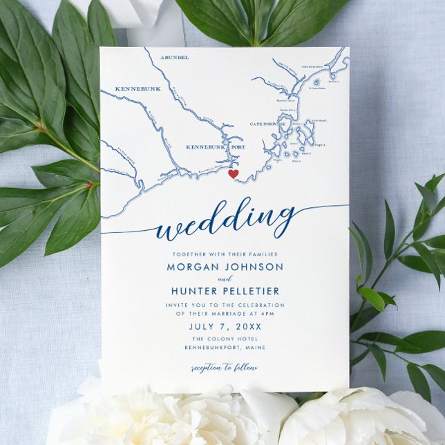 Minimal Modern Kennebunkport Maine Karta Bröllop Inbjudningar (Modern Minimal Elegant Kennebunkport Maine Wedding Invitation with red heart over a navy blue map)