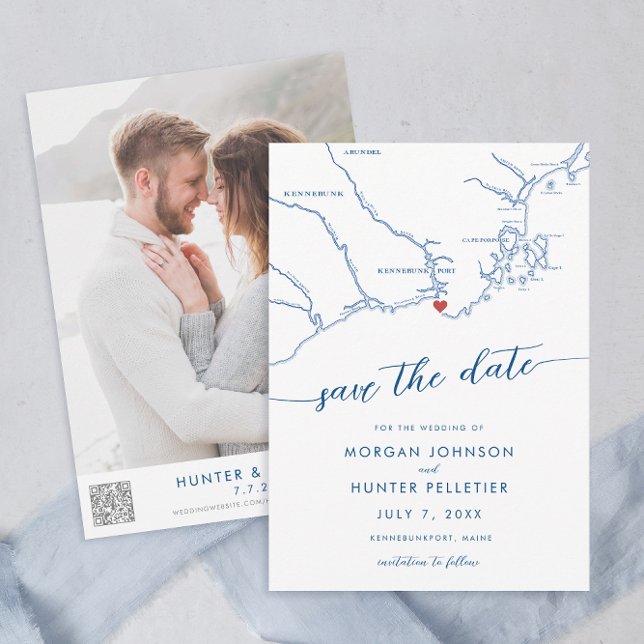 Minimal Modern Kennebunkport Maine Karta Spara Datumet (Kennebunkport Map Wedding Save the Date in Modern Navy Blue with QR Code from Coastal Map Designs)