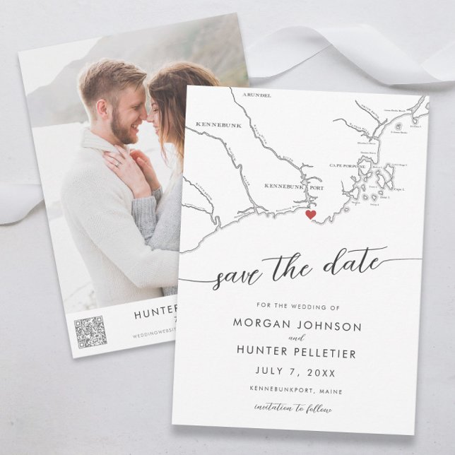 Minimal Modern Kennebunkport Maine Karta Spara Datumet (Kennebunkport maine wedding save the date minimal, modern, black and white from Coastal Map Design)