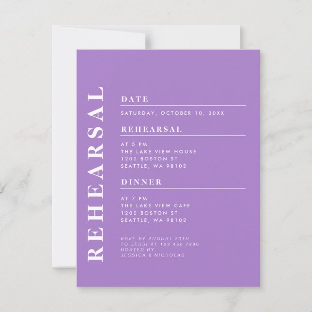 Minimal Modern Lavender Rehearsal Dinner-Elegant Inbjudningar (Framsida)