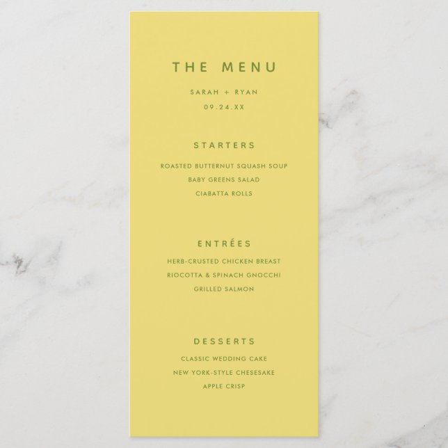 Minimal Modern Lemon Gul Bröllop Meny (Framsida)