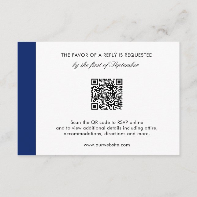 Minimal modern marin blå QR-kod Elegant bröllop OSA Kort (Framsida)