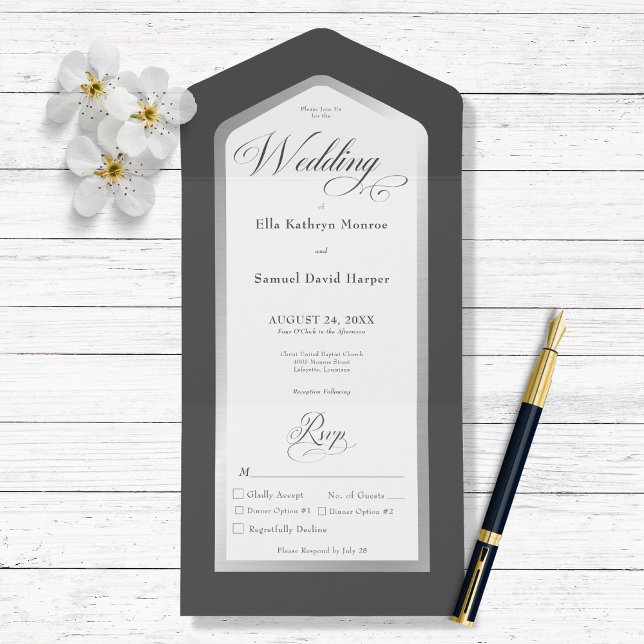 Minimal modern mörker för svart och vitt Silver (Minimal Black & White Modern All in One Wedding Invitation with Dinner Options)