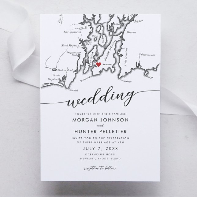Minimal modern Newport Rhode island Karta Bröllop Inbjudningar (Newport Rhode Island Wedding Invitation with a minimal modern elegant map design in black and white )
