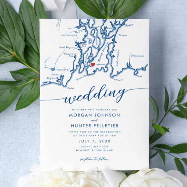Minimal modern Newport Rhode island Karta Bröllop Inbjudningar (Newport Rhode Island Wedding Invitation with a minimal modern elegant map design in navy blue )