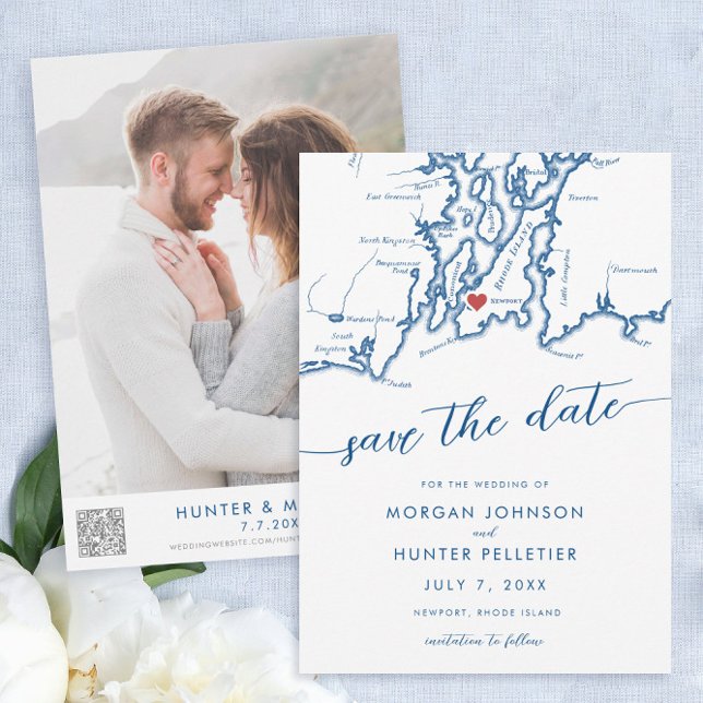 Minimal modern Newport Rhode island Karta Spara Datumet (Newport Rhode Island Elegant Modern Minimal Wedding Save the Date with Photo and QR cod)