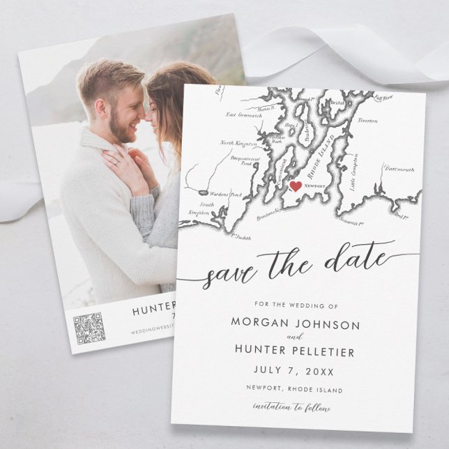 Minimal modern Newport Rhode island Karta Spara Datumet (Newport Rhode Island wedding save the date modern minimal black and white from Coastal Map Designs)