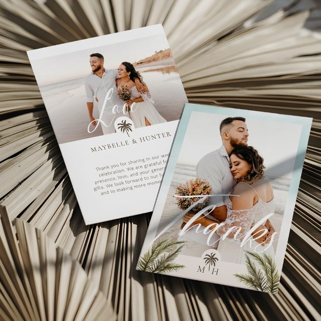 Minimal Modern Photo Handflatan Träd Monogram Tack Kort (Minimal Modern Photo Palm Tree Monogram Thank You)