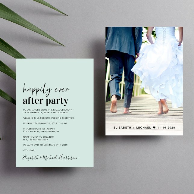 Minimal Modern Photo Mint-bröllopsmottagning Inbjudningar (An chic Happily Ever After Party invitation for your wedding celebration)