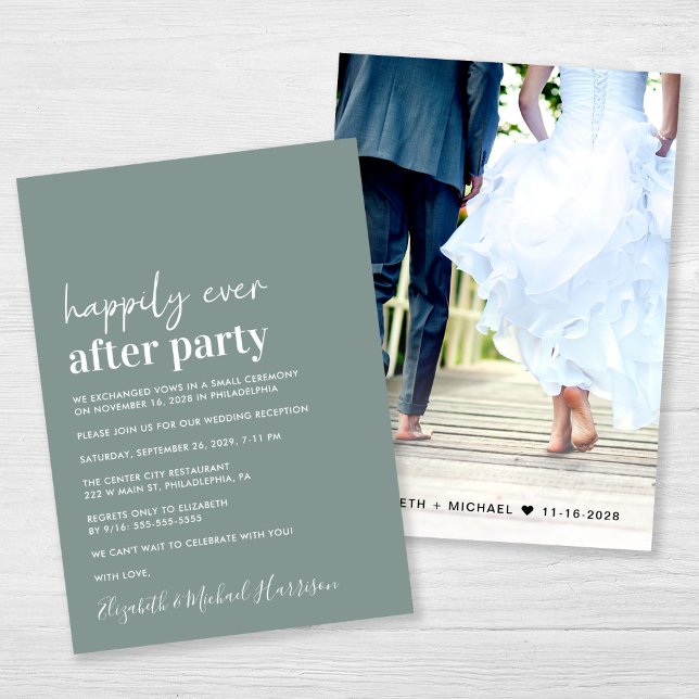 Minimal Modern Photo Sage Grönt-bröllopsmottagning Inbjudningar (An chic Happily Ever After Party photo invitation for your wedding celebration)