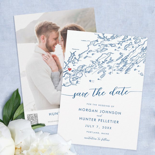 Minimal Modern Portland Maine Karta Spara Datumet (Portland Maine Wedding Save the dates minimal modern navy blyue from Coastal Map Designs)