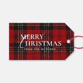 Minimal Modern Red Plaid Script Christmas Presentetikett
