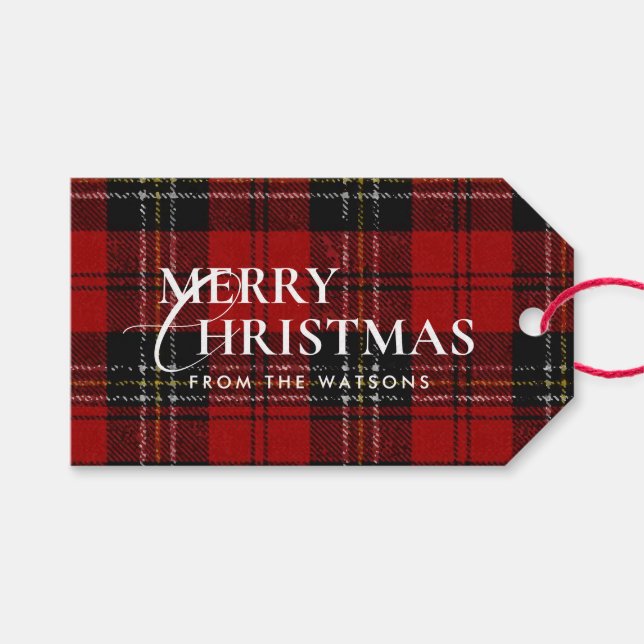 Minimal Modern Red Plaid Script Christmas Presentetikett (Framsidan (Horisontell))
