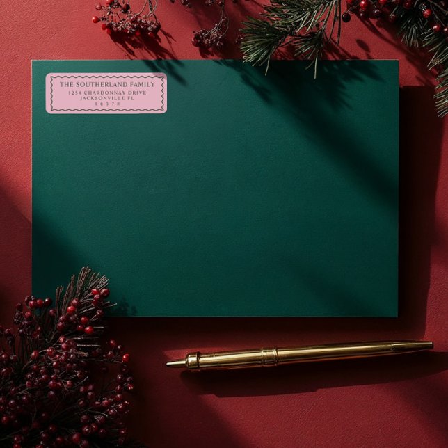 Minimal Modern Retro-Rosa och Grönt Vågigt radfami Returadress Etikett (Minimal Modern Retro Pink & Green Wavy Line Family Label)