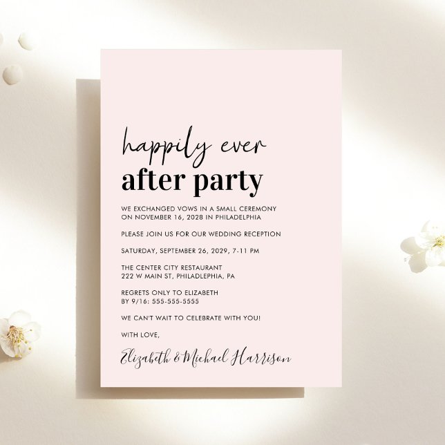 Minimal modern rosa bröllopsmottagningsinbjudan meddelande (An chic Happily Ever After Party invitation for your wedding celebration)