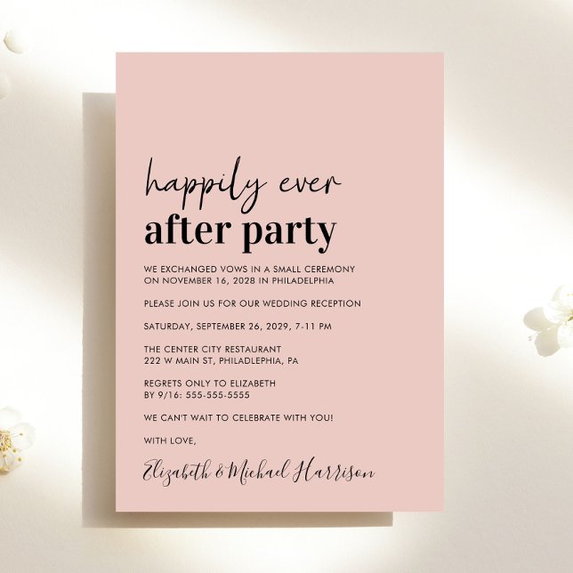 Minimal modern rosabrölloppsmottagning inbjudan (An chic Happily Ever After Party invitation for your wedding celebration)