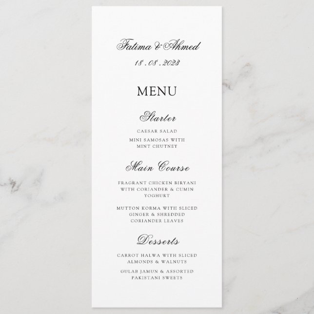 Minimal Modern Script White Muslim Bröllop Bord Meny (Framsida)
