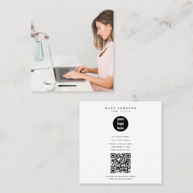 Minimal Modern Simple Business Logotyp Photo Fyrkantigt Visitkort (Fram/baksida)