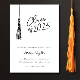 Minimal Modern Studentfest Tassel Black White Inbjudningar