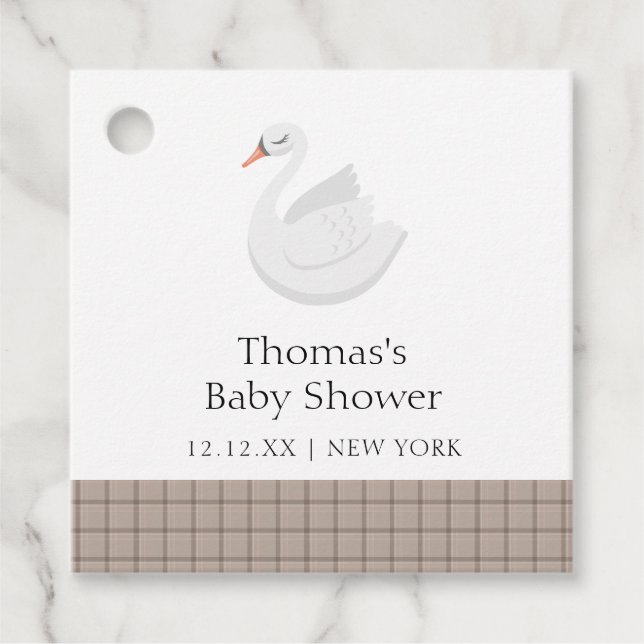 Minimal Modern Svan Play Gingham Boy Shower Gåvor Etiketter (Framsida)