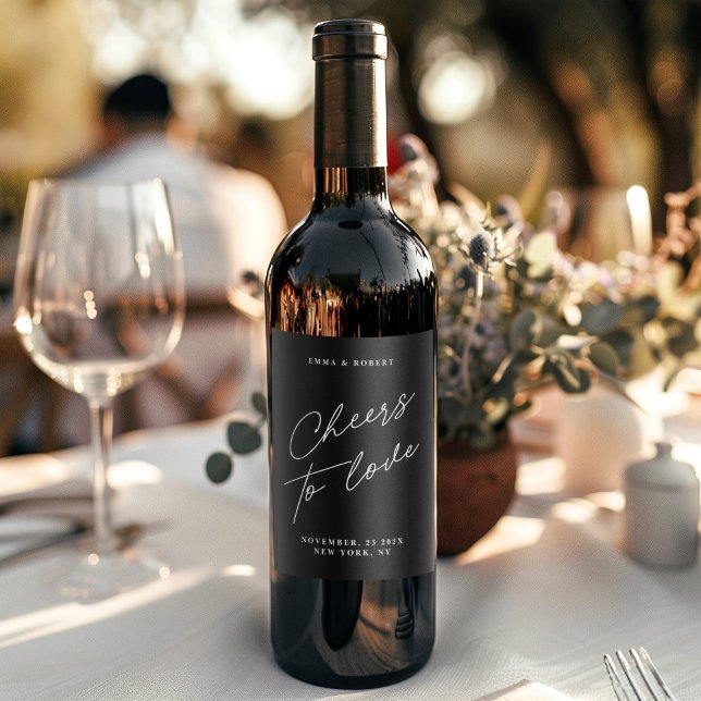 Minimal modern svart ost till Kärlek Bröllop Vinflaska Etikett (Minimal Modern Black Cheers To Love Wedding Wine Label)
