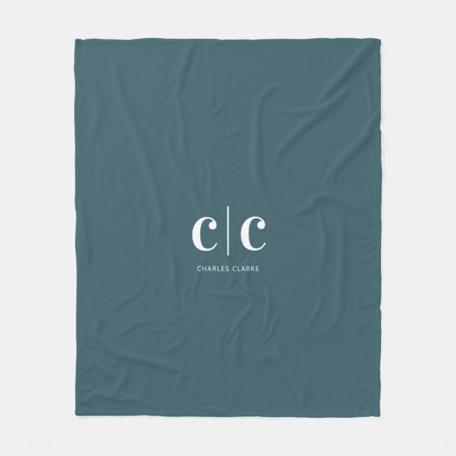 Minimal Modern Teal White Monogram Fleecefilt (Framsidan)